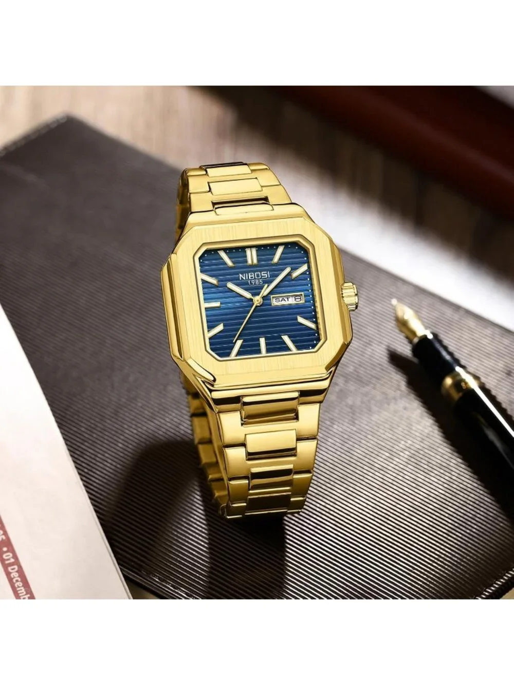 Men's Gold Blue Square Analog Quartz Stainless Steel Waterproof Wrist Watch